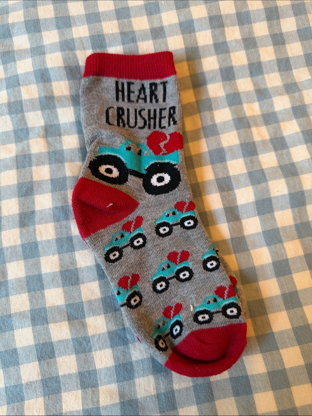 Boys valentine socks, monster truck, “heart crusher” GUC, size 5-9 little boy